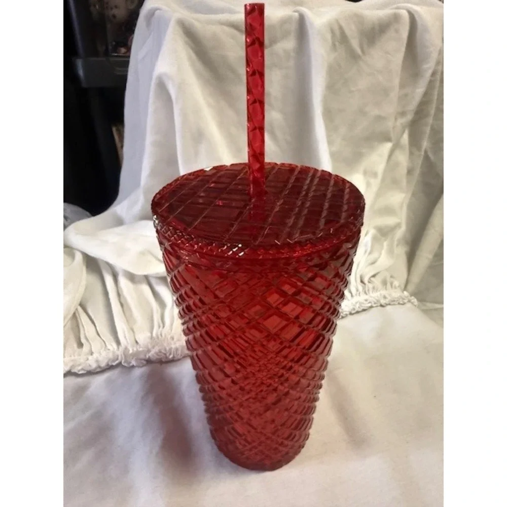 Starbucks Red Jeweled Grid Cold Cup Tumbler 16 fl‎ oz with Straw Limited Edition